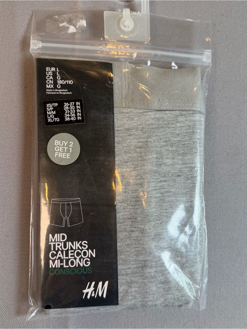 H&M Men’s szL (34-36) Light Gray Mid Trunks Boxer Briefs New In Package